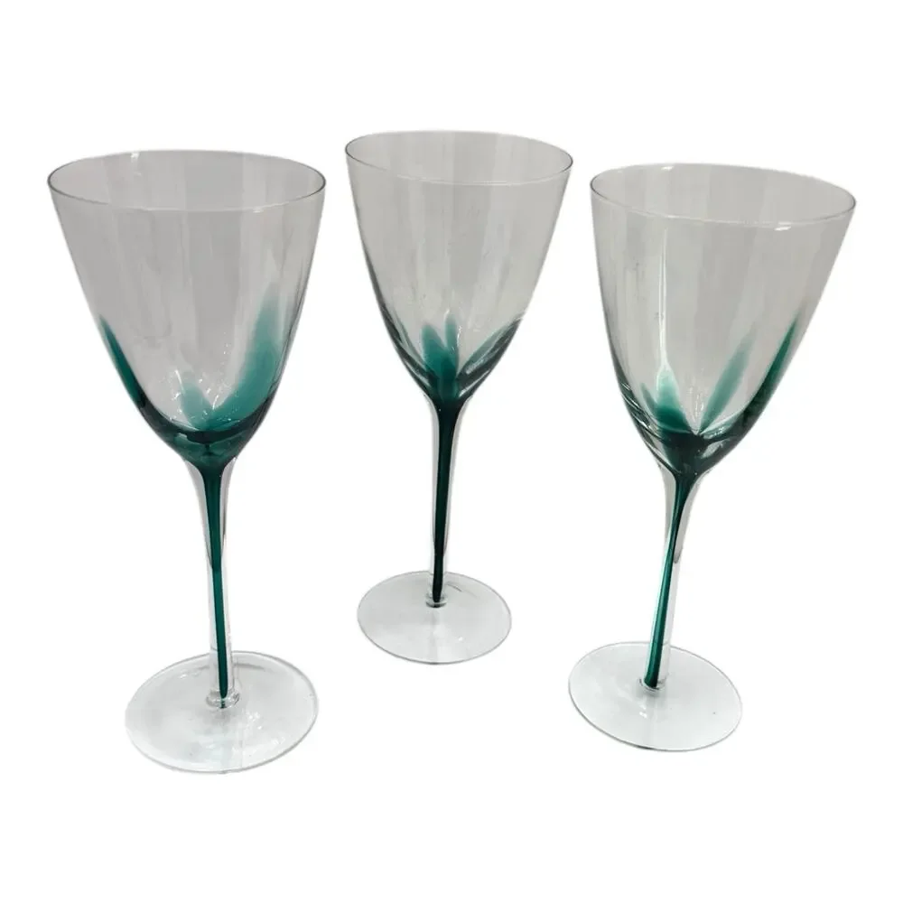 Pier 1 Emmie Crystal Wine‎ Glass Hand Blown Dark Green Filament Stem Barware 9”